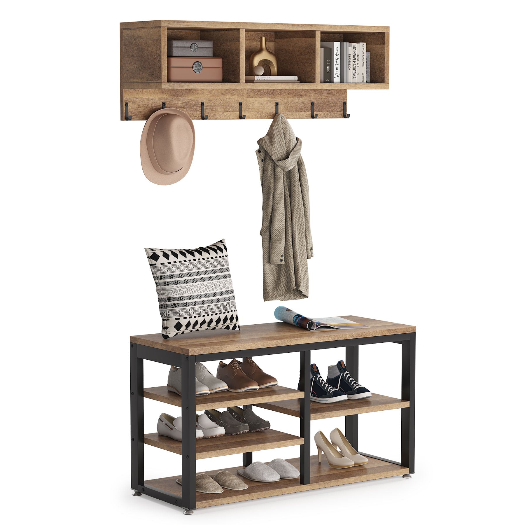 Industrial Coat Rack Shoe Bench Set